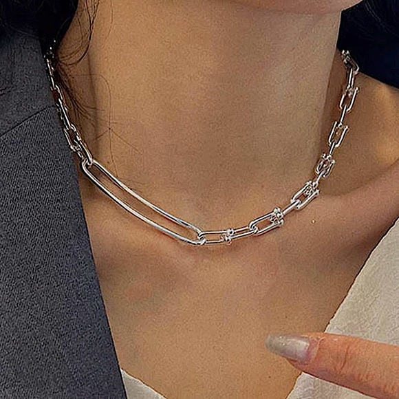 Sterling Silver U Link Necklace Horseshoe Unisex Paperclip Choker Neck… - Picture 1 of 7